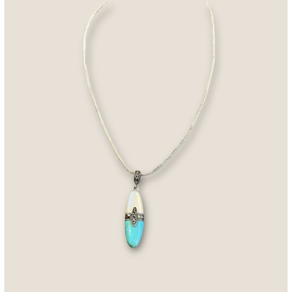 Sterling Silver Necklace With Turquoise & Mother Of Pearl Oval Pendant